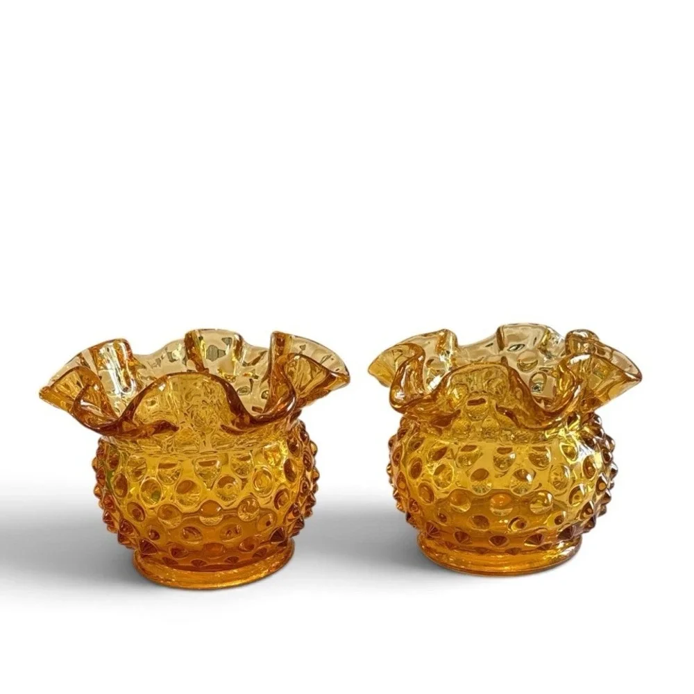 Vintage FENTON Amber Glass Hobnail Vase Bowl Double Crimped Ruffle Rim Lot of 2